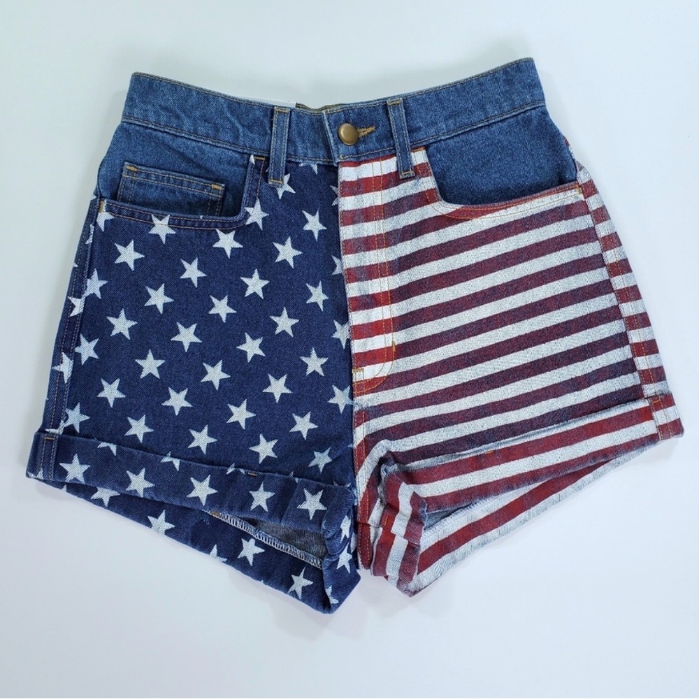 American Apparel USA Blue and Red Star Stripe Jean Shorts 26